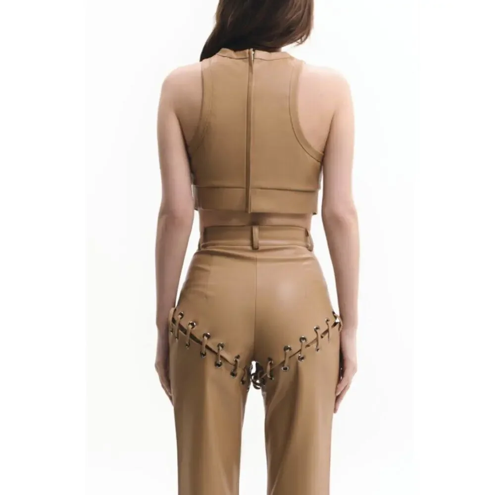 LIKA Faux Leather Crop Top -Beige-Small-Streetwear-Luxury Grunge Glamour - Picture 4 of 10